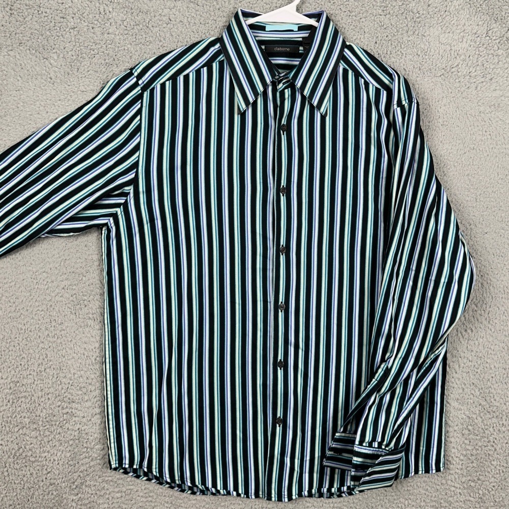 Claiborne Mens Large Modern Fit Shirt Dress Black Green Striped French Cuff EUC